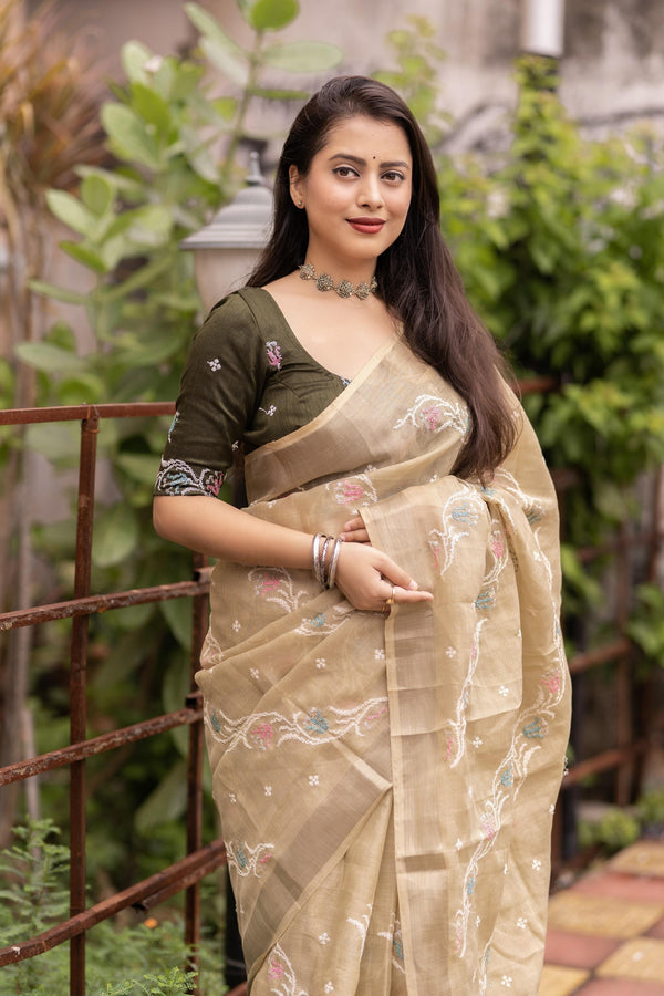 Olive Pure Linen Ethnic Motifs Saree with Unstitched Blouse - A2M