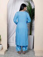 Thumbnail for Miravan Womens Blue Embroidered Kurta With Palazzo - Distacart