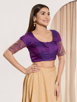 Thumbnail for Joban Fashion Brinjal Tafeta Silk Padded Blouse With Round Neck Elbow Sleeves - Distacart