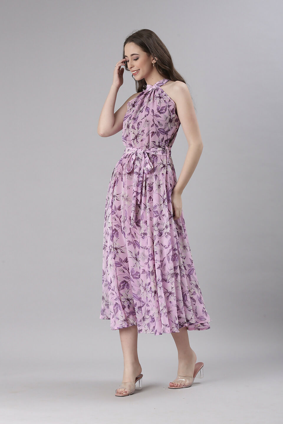 Souchii Lavender Floral Chiffon Dress -Souchii