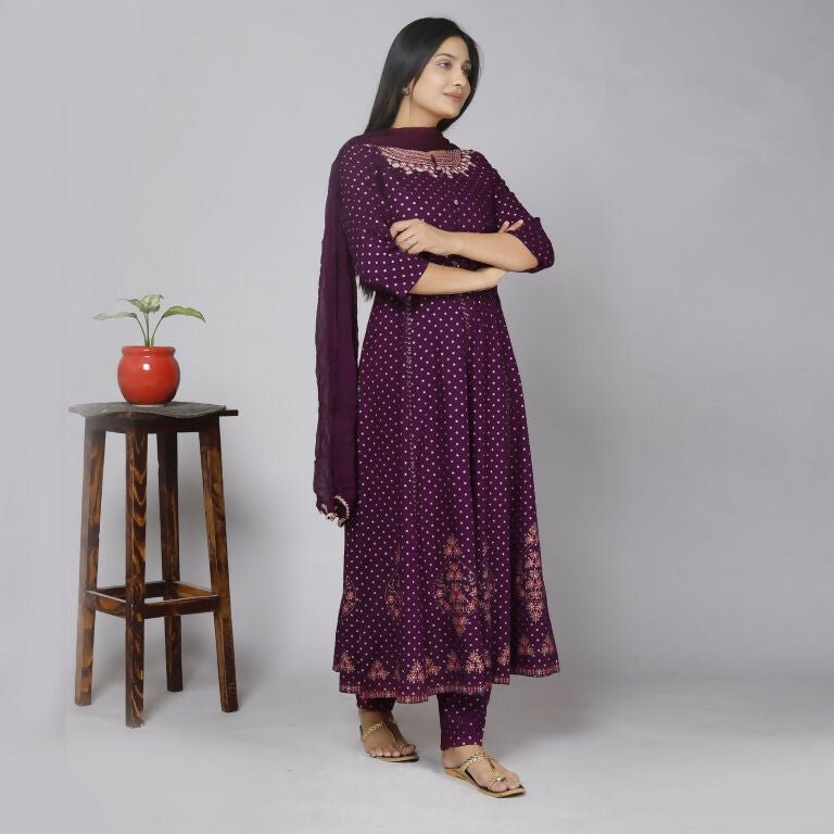 Alvano Women' Stylish Anarkali Kurta with Pant and Dupatta for Women and Girls Rayon (Wine) - Distacart