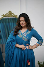 Thumbnail for The52 Petrol Women's Beautiful Parampara Fabric Embroidered Work Flared Kurta Pant and Dupatta Set - Distacart
