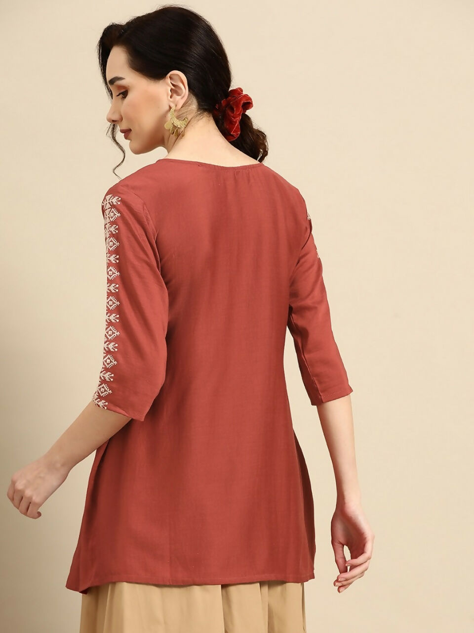 Women's Rust Viscose blend Embroidered Short Top - Marina - Distacart