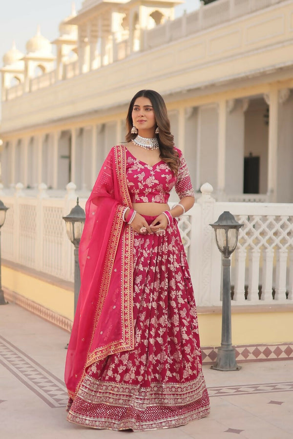 Vastranavya Designer Dyeable Pure Viscose Jacquard Fabric Lehenga Choli & Dupatta Set - Pink - Distacart