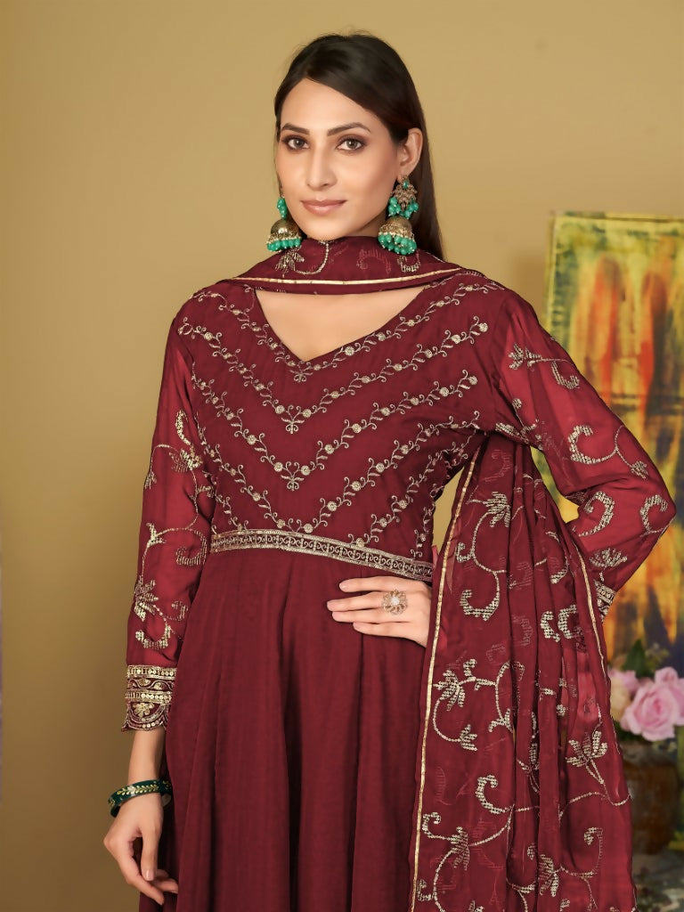 Jyoti Fashion Women's Maroon Georgette Embroidered Anarkali Kurta Pant Set With Dupatta - Distacart
