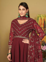 Thumbnail for Jyoti Fashion Women's Maroon Georgette Embroidered Anarkali Kurta Pant Set With Dupatta - Distacart