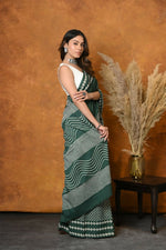 Thumbnail for Very Much Indian Handblock Printed Cotton Saree With Natural Dyes - Leaf Green - Distacart