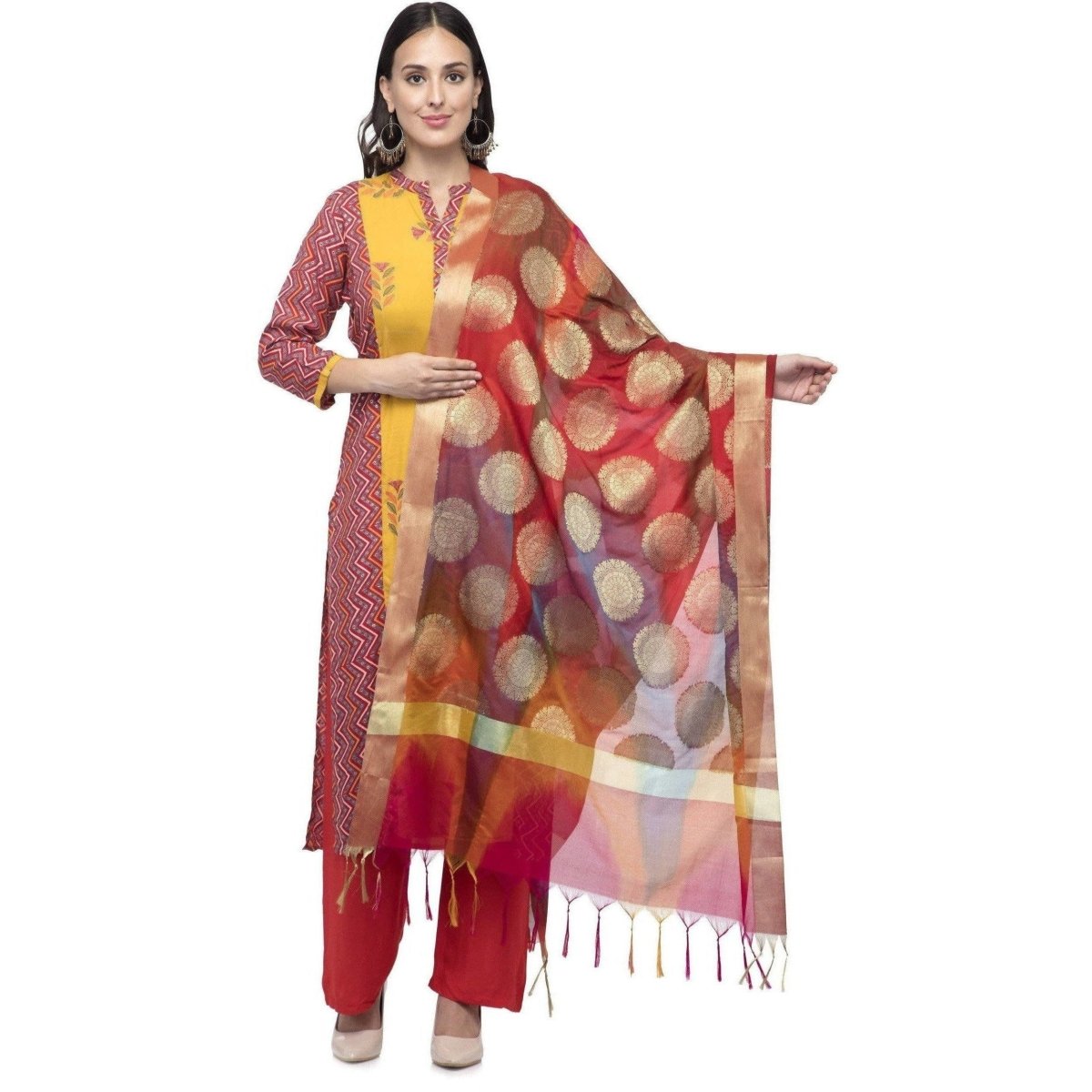 A R Silk Women's Vanarsi Silk Zari Embroidery With Rainbow Colour Multi Rainbow Fancy Dupatta
