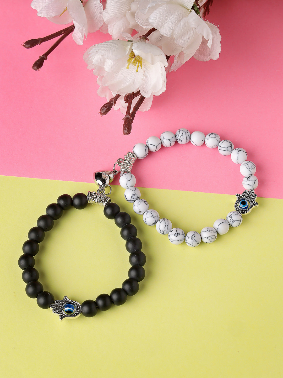 NVR Men & Women Set of 2 Black & White Marbel Crystal Bracelet - Distacart