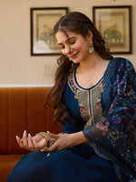Thumbnail for Preksha Creation Blue Viscose Chanderi Embroidered Beads Kurta Set With Dupatta And Pant
