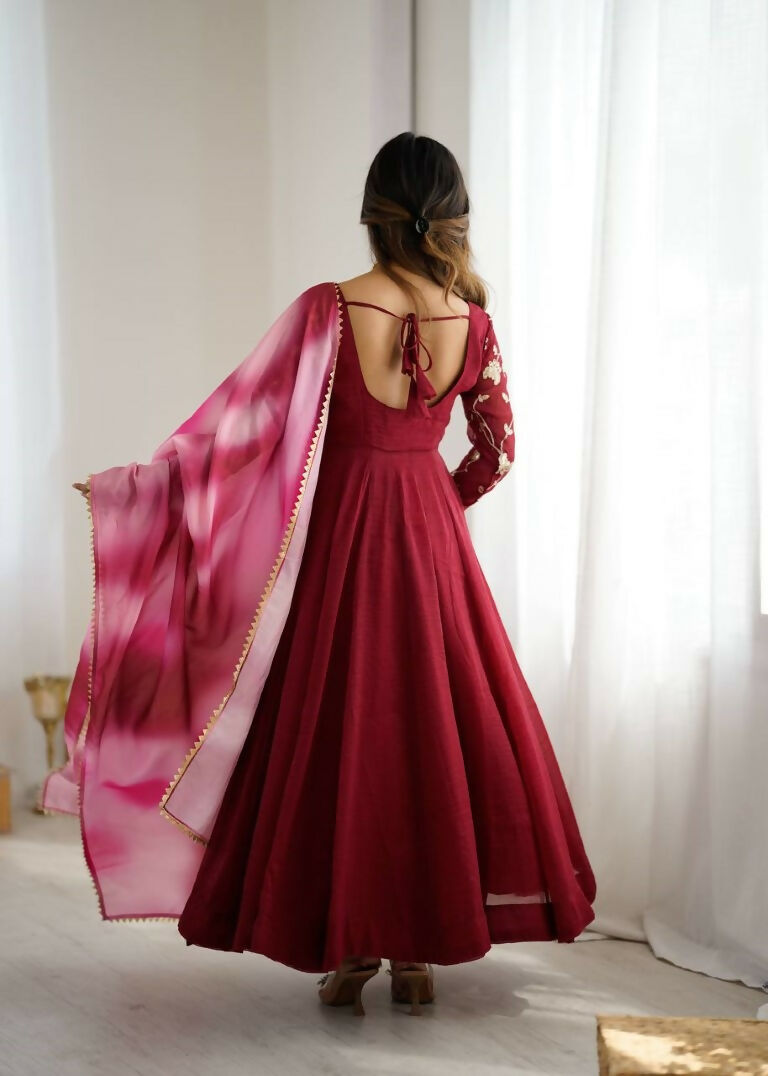 Teeya Creation Maroon Color Crunchy Silk Embroidery Work Gown