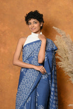 Thumbnail for Very Much Indian Handblock Printed Cotton Saree With Natural Dyes - Cyan Blue - Distacart