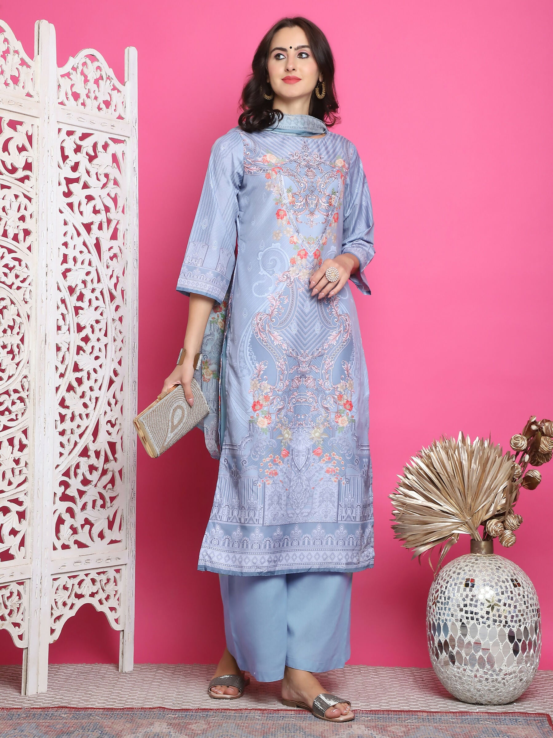 Jyoti Fashion Women's Grey Satin Traditional Digital Print with Crystal work Kurta with Trouser & Dupatta - Distacart