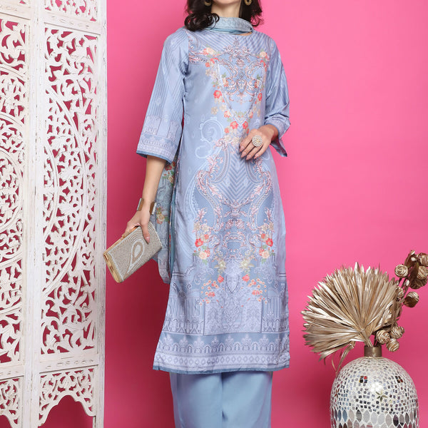 Jyoti Fashion Women's Grey Satin Traditional Digital Print with Crystal work Kurta with Trouser & Dupatta - Distacart