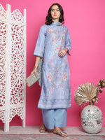 Thumbnail for Jyoti Fashion Women's Grey Satin Traditional Digital Print with Crystal work Kurta with Trouser & Dupatta - Distacart
