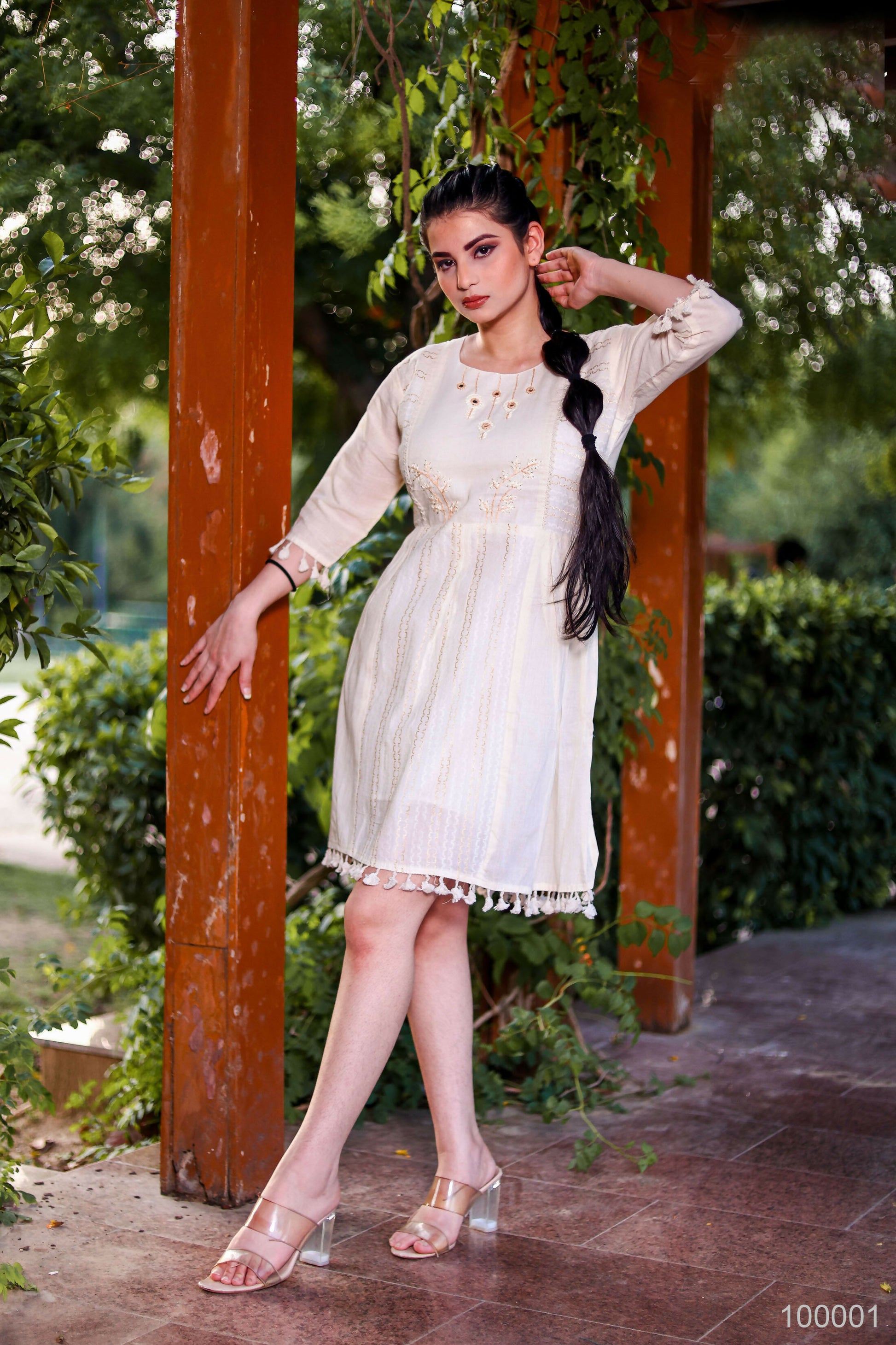 Aayaa Designer Multi Thread Hand Work Khadi Cotton One Piece Dress - Off White - Distacart