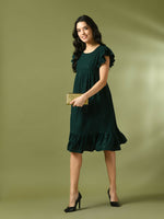 Thumbnail for Myshka Women's Green Embroidered Cotton Round Neck A-Line Party Dress - Distacart