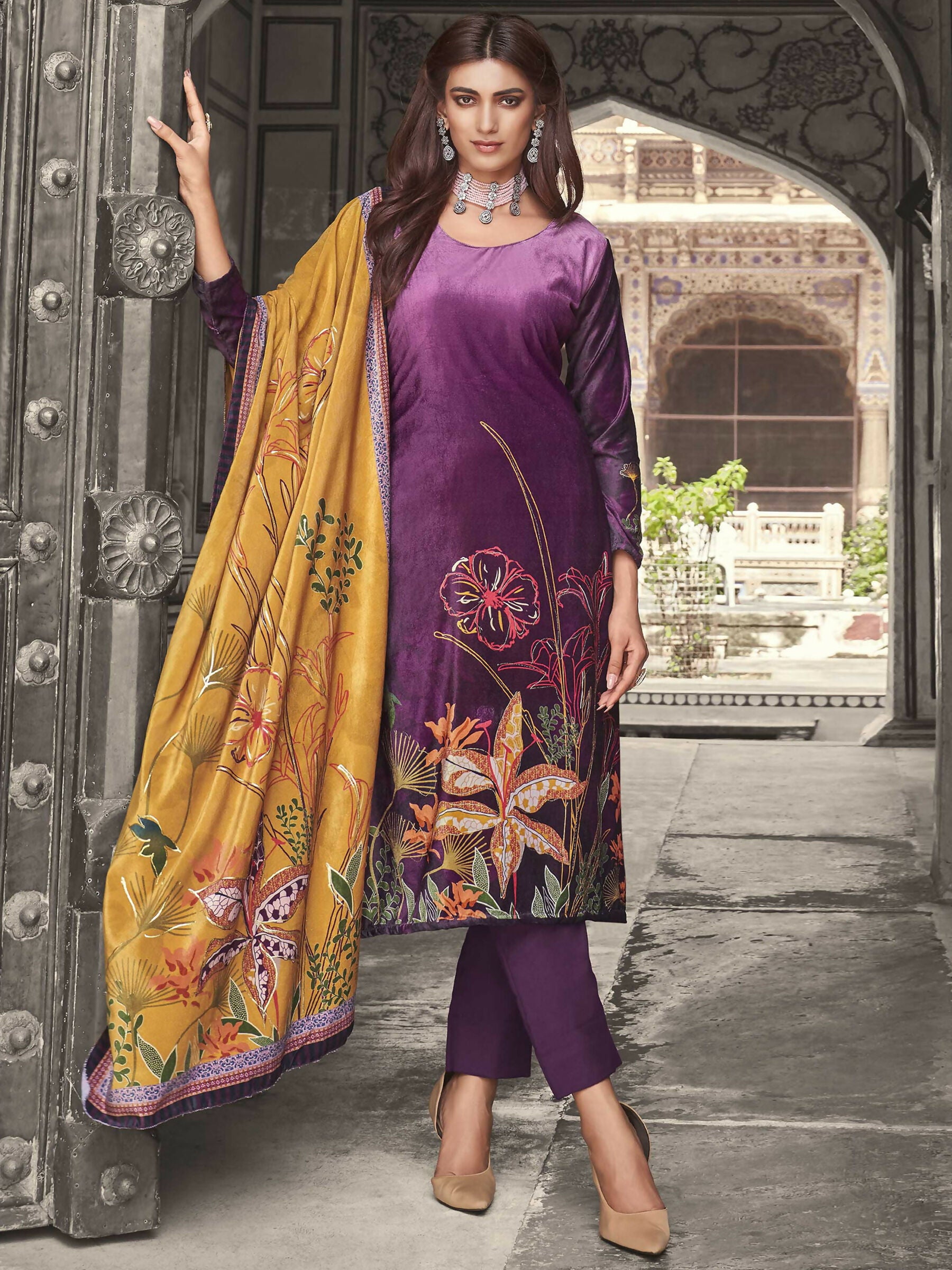 Jyoti Fashion Women's Purple Velvet Floral Digital Printed Kurta with Trouser & Dupatta - Distacart