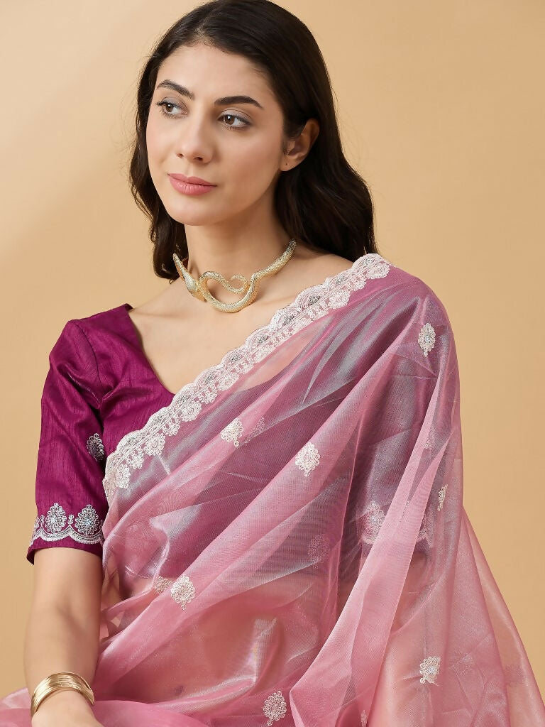 Pink Organza Sequence Embroidered Saree with Unstitched Blouse - Satya - Distacart