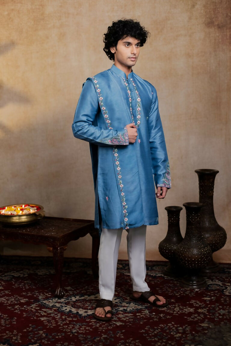 Falling Raw Silk Blue Varnika Kurta Set By Hilo Design