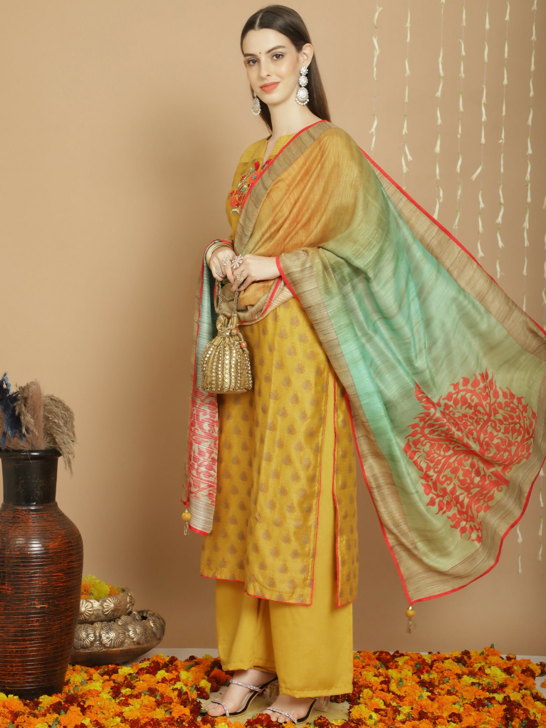 Jyoti Fashion Women's Yellow Chanderi Silk Elegant Jardoshi Semi Kurta with Trouser & Dupatta - Distacart