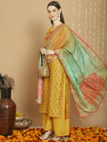 Thumbnail for Jyoti Fashion Women's Yellow Chanderi Silk Elegant Jardoshi Semi Kurta with Trouser & Dupatta - Distacart