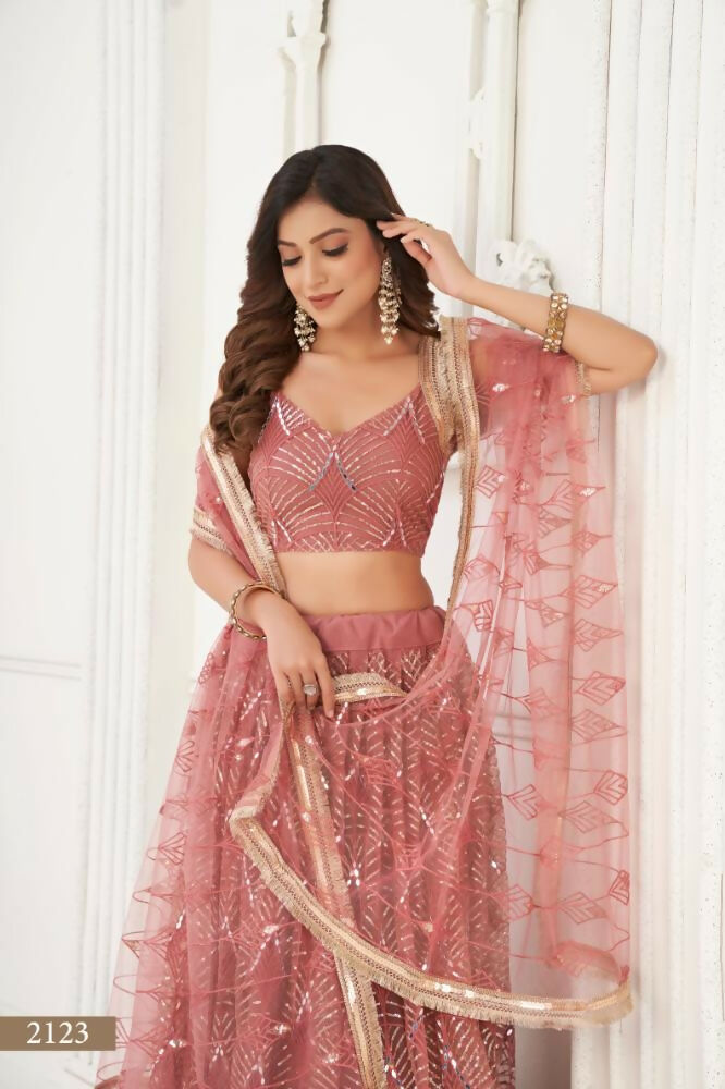 Aastha Fashion Dusty Onion Pink Butterfly Net Tone To Tone Thread Work, Sequence Work And Original Mirror Work Embroidery Wedding Wear Lehenga Choli - Distacart