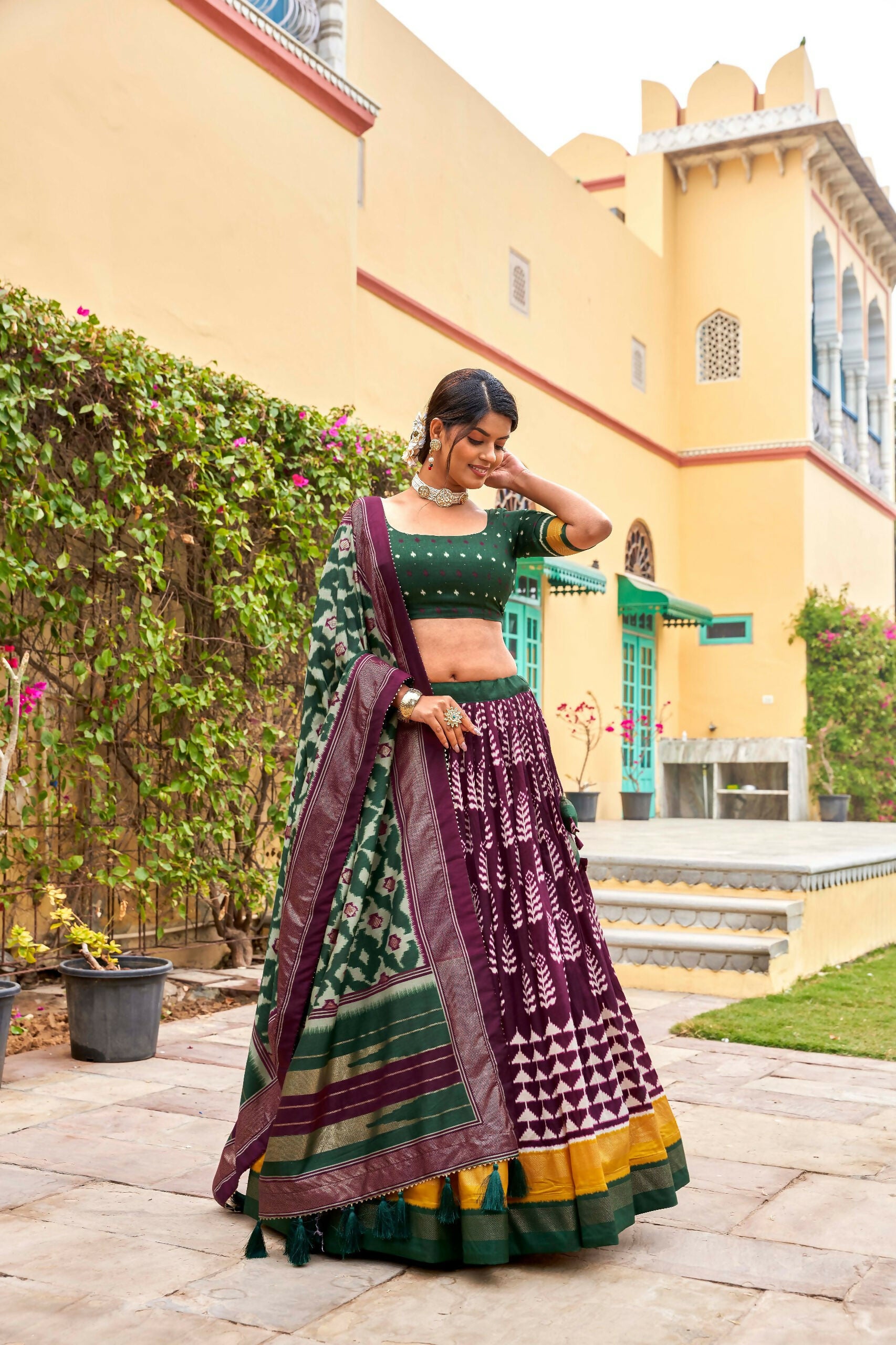 Vastranavya Printed and Foil Work Tussar Silk Lehenga with Unstitched Blouse - Wine - Distacart