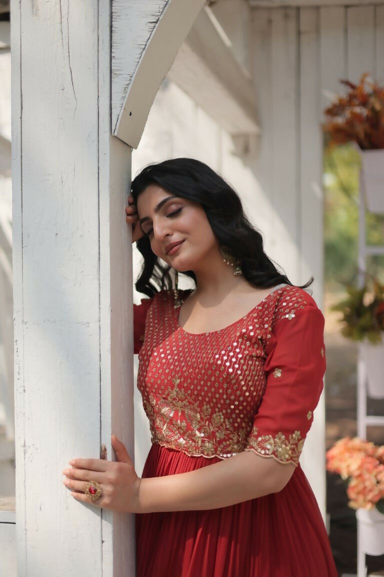 Aastha Fashion Women's Orange Faux Blooming Embroidery Zari Sequins-work Gown - Distacart