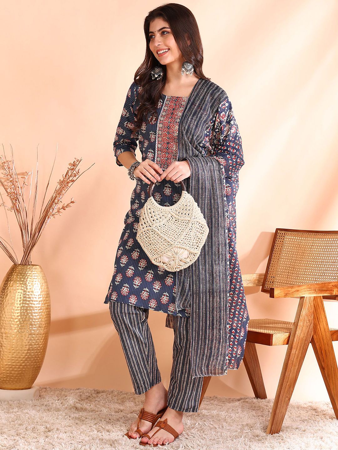 Ode by House of Pataudi Printed Thread Work Pure Cotton Kurta With Trousers & Dupatta - Distacart
