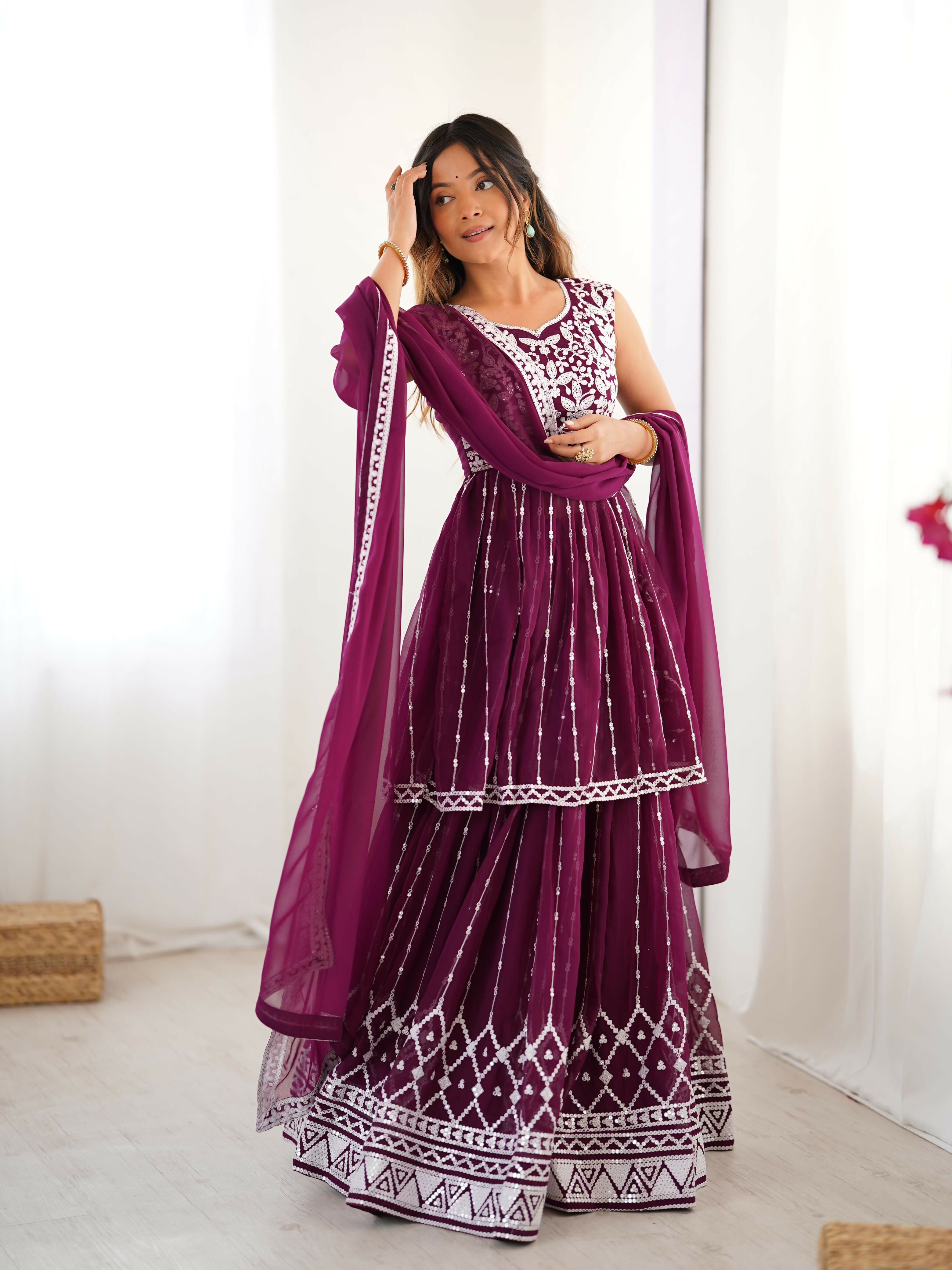 Joban Fashion wine Lehenga Georgette Coding Dori with Sequence with Rivet Moti