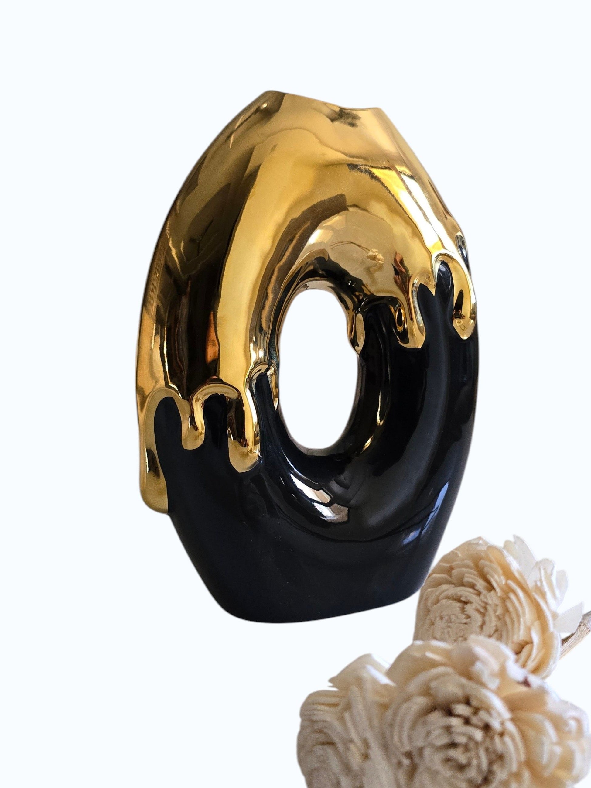Sun Mun Decors Black & Golden Ceramic Premium Melting Gold Vase