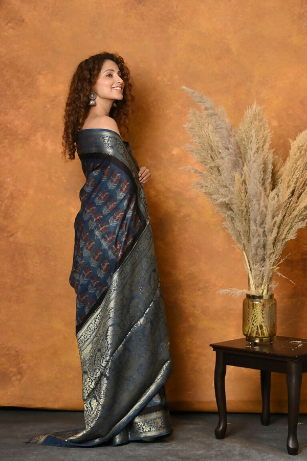 Very Much Indian Modal Silk Ajrakh Handblock Printed Natural Dyes With Designer Border Saree - Black - Distacart