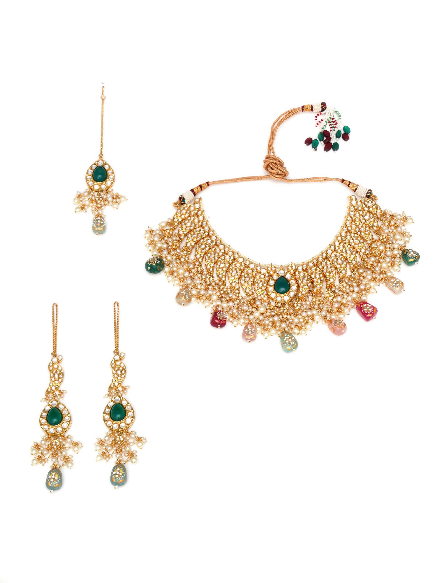 Kundan Choker with Matching Earrings & Maang Tikka Jewellery Set (Gold) - Ruby Raang - Distacart