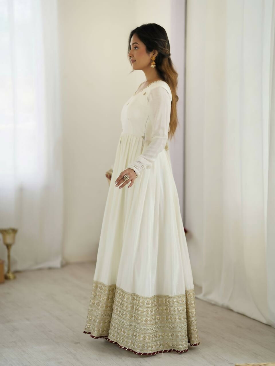Teeya Creation White Chinon Silk Gown
