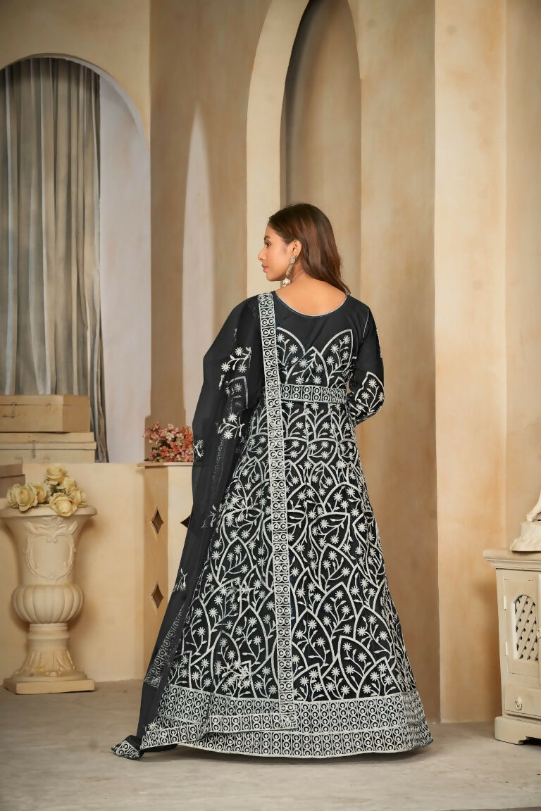 Jyoti Fashion Women's Black Net Embroidered Anarkali Kurta Pant Set With Dupatta - Distacart