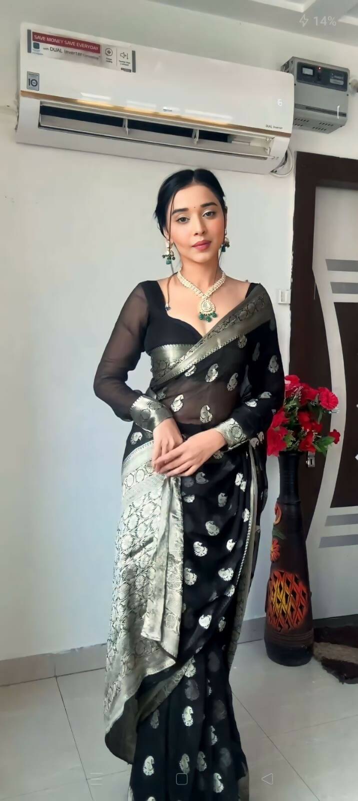 Malishka litchi Silk Jacquard Ready To Wear Saree With Blouse Piece - Black - Distacart