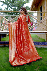 Thumbnail for Partywear Designer Keshri Banarasi Silk Fancy Saree - Starwalk - Distacart