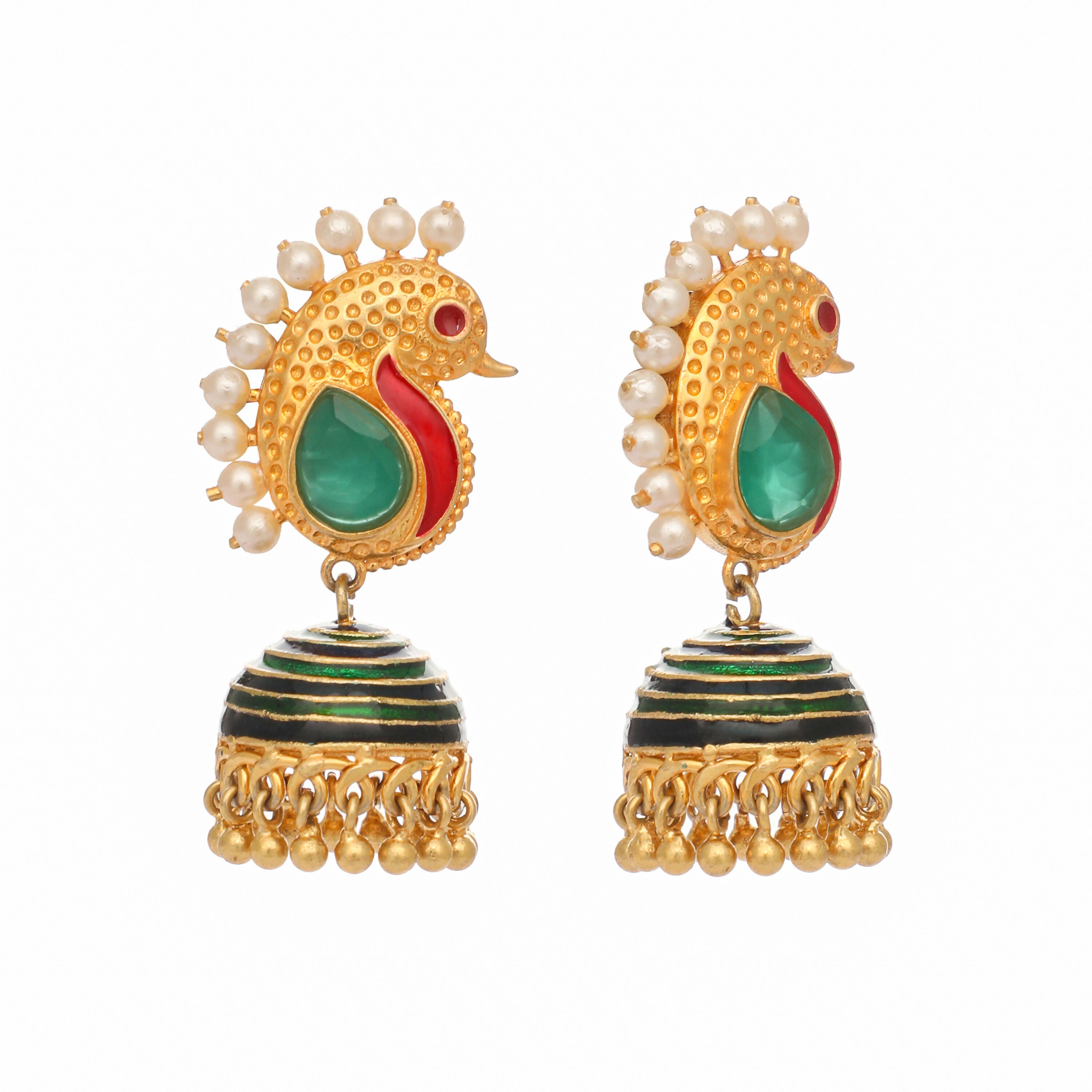 Nuyug 22K Gold Plated Pearls Studded Contemporary Shaped Enamel Jhumkas