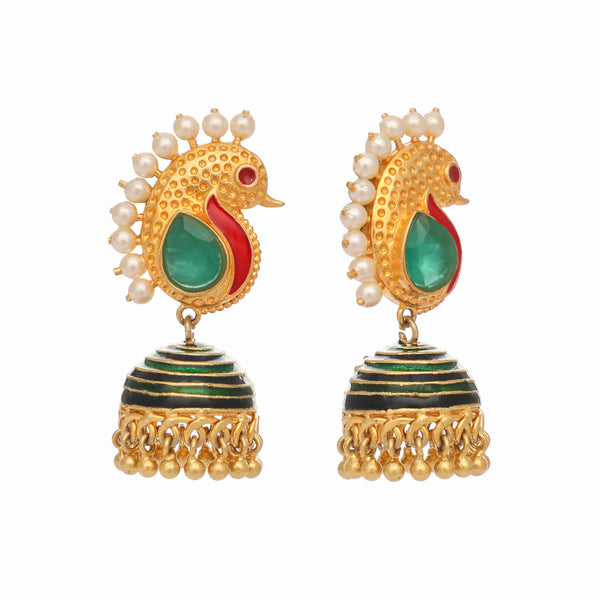 Nuyug 22K Gold Plated Pearls Studded Contemporary Shaped Enamel Jhumkas