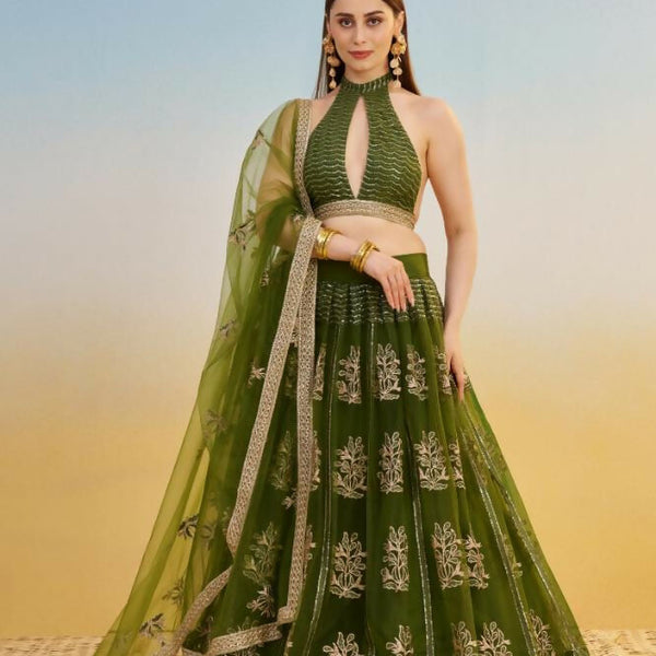 Aastha Fashion Mehandi Green Butterfly Net Tone To Tone Cotton Thread Work And Sequence Work Embroidery Wedding Wear Lehenga Choli - Distacart