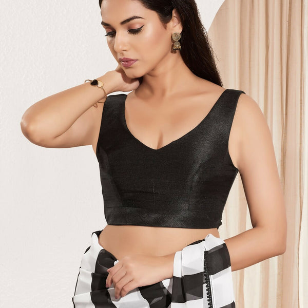 Joban Fashion Black Mulberry Silk Padded Blouse With Round Neck Sleeveless