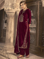 Thumbnail for Aastha Fashion Women's Maroon Velvet Floral Resham Thread with Jari work Kurta with Trouser & Dupatta - Distacart