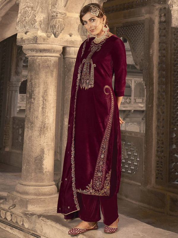 Aastha Fashion Women's Maroon Velvet Floral Resham Thread with Jari work Kurta with Trouser & Dupatta - Distacart