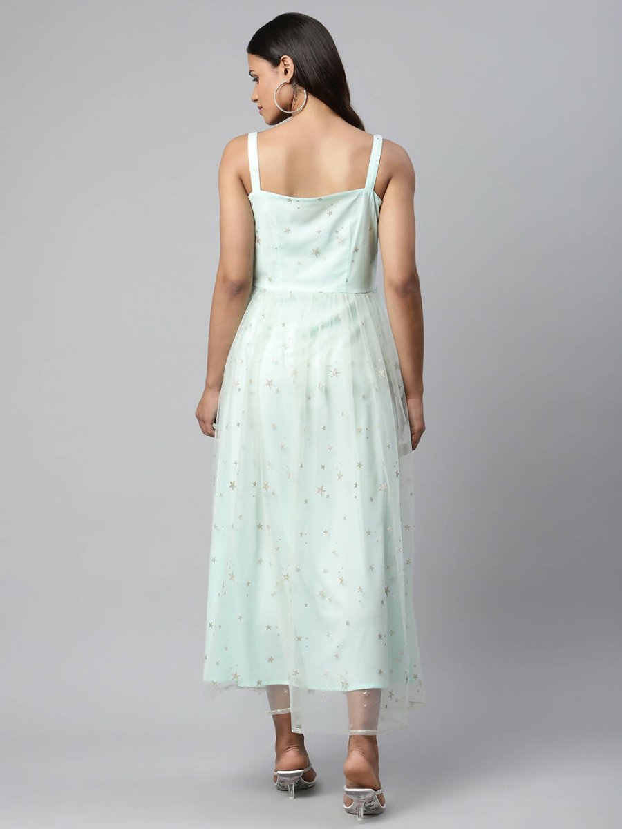 Ahalyaa Women Summer Blue Net Glitter Printed Dress - Distacart