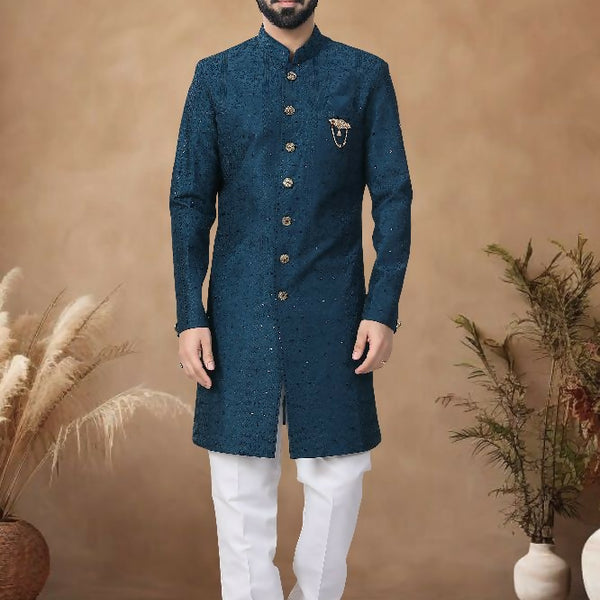 Joban Fashion Men's Blue Straight Silk Heavy Thread & Sequence Embroidery All Over Indo-Western Kurta Set - Distacart