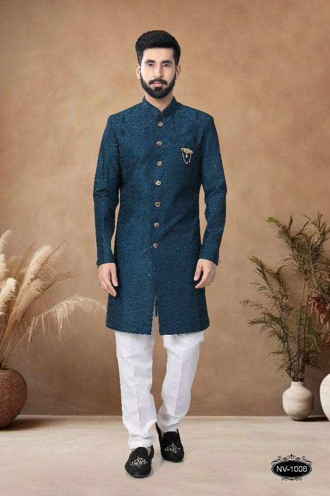 Joban Fashion Men's Blue Straight Silk Heavy Thread & Sequence Embroidery All Over Indo-Western Kurta Set - Distacart