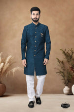 Thumbnail for Joban Fashion Men's Blue Straight Silk Heavy Thread & Sequence Embroidery All Over Indo-Western Kurta Set - Distacart