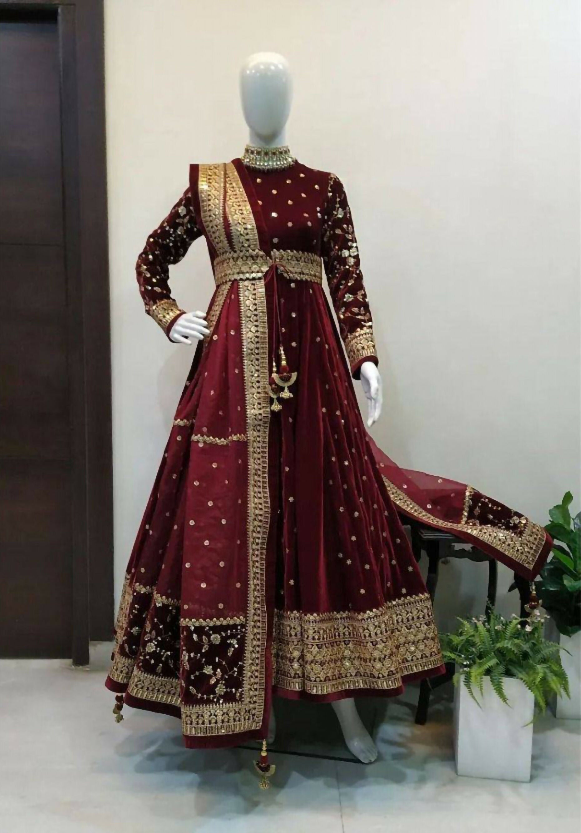 Vastranavya Wine Viscose Velvet Sequence Embroidery Work Gown Dupatta With Belt