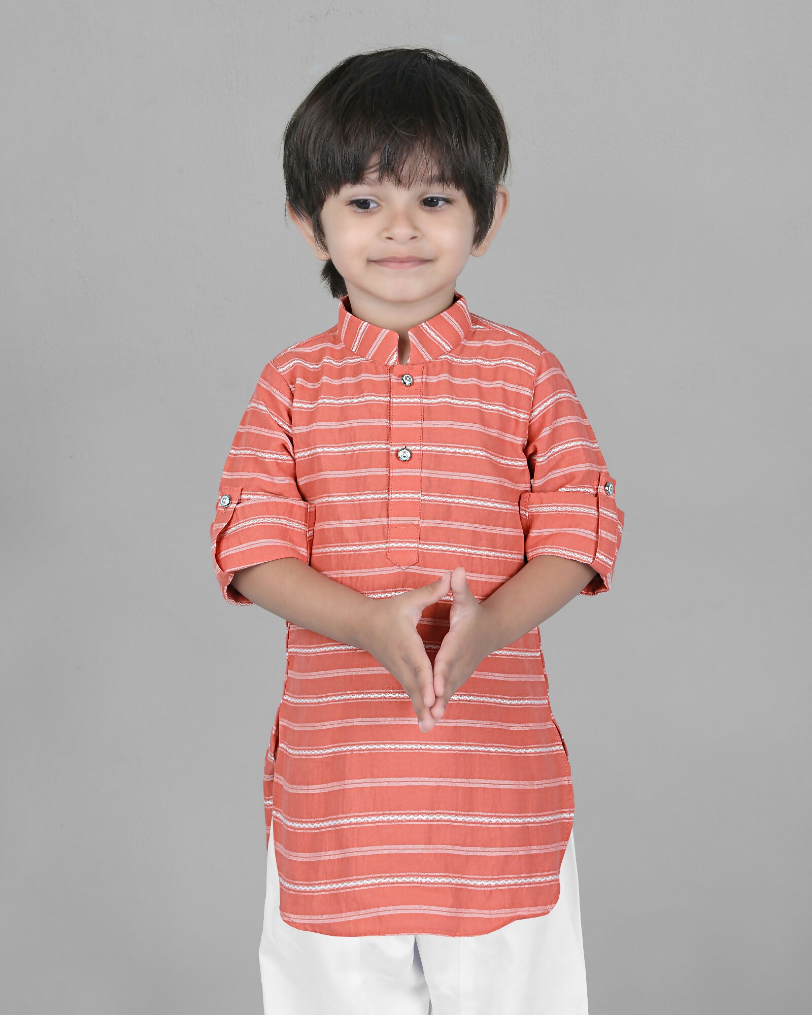 Joban Fashion Kids Island Cotton Full Sleeves Striped Kurta and Pyjama- Peach - Distacart